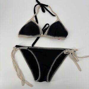 Victoria's Secret Black Crochet Side Tie Kiawah Cheeky 2 Piece Bikini Large